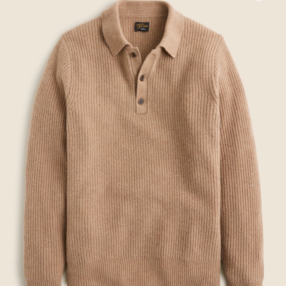 J. Crew Midweight Cashmere Ribbed Sweater Polo - Heather Caramel - Large